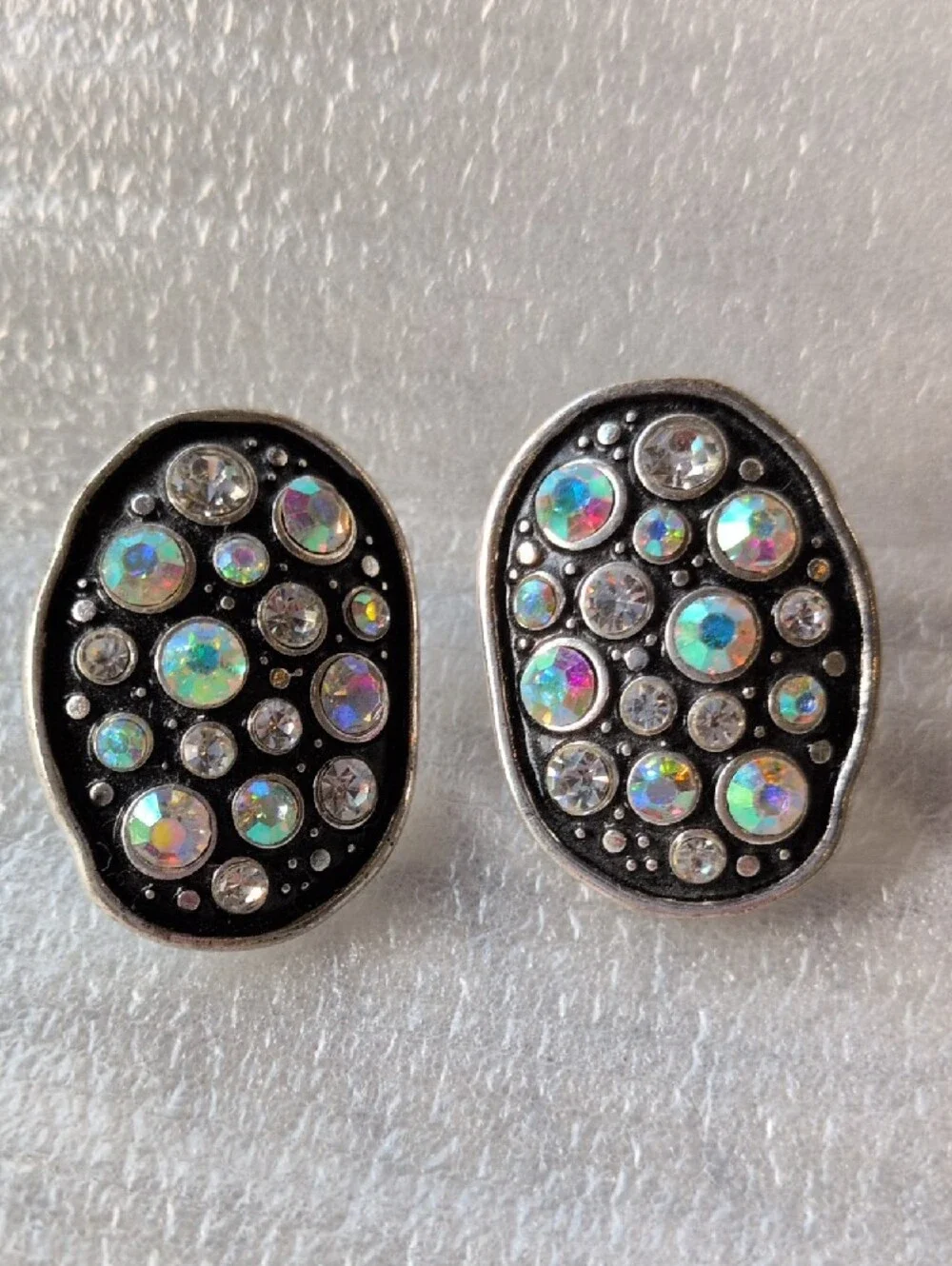 Silvertone Black Enamel Aurora Borealis Rhinestone Cluster Statement Studs